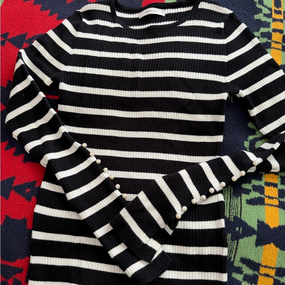 Reserved Black and White Striped Sweater with Pearl Details